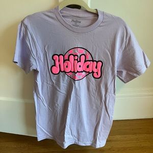 Holiday the label purple graphic tee with pink writing size S